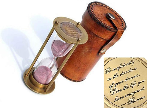 Brass Hourglass with Inspirational Quote, Go Confidently by Thoreau, Motivational Gift with Leather Case