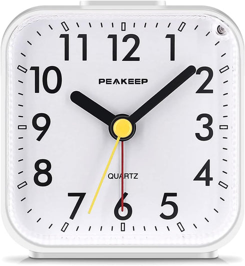 Peakeep Small Battery Operated Analog Travel Alarm Clock, Silent No Ticking with Lighted on Demand and Snooze