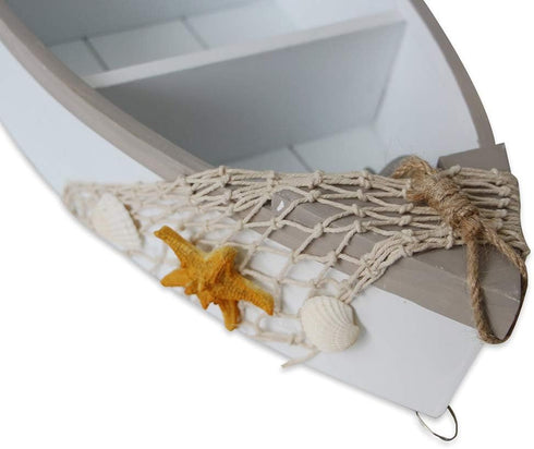 Attraction Design 16.5" Wooden Boat Shelf, H Standing Boat Display with Fish Net Starfish Seashell Accents White Beach