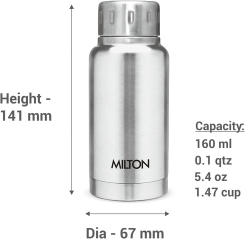 Milton Insulated Water Bottle, 5.4 oz (160 ml), Stainless Steel, Leak-Proof, Elfin 160 Silver
