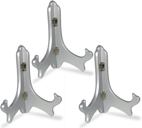 BANBERRY DESIGNS Wood Easel, Folding Silver Display Stands, Set of 3, 7" H for Plate Holder