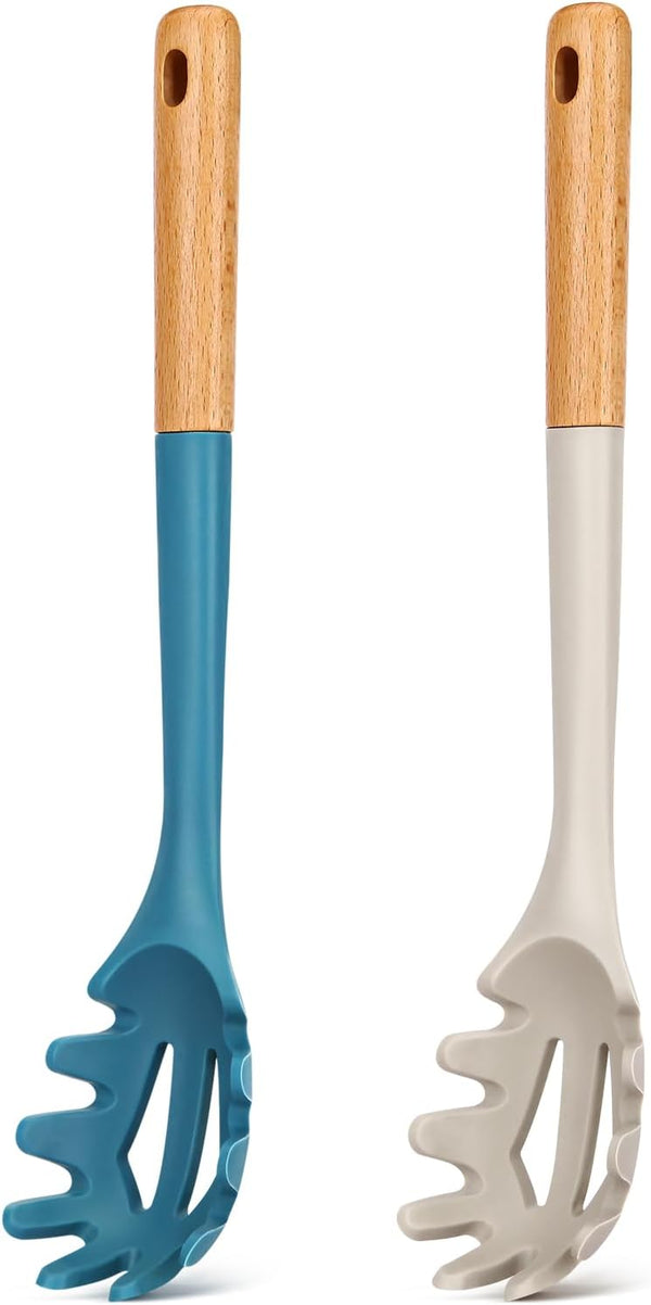 Silicone Pasta Fork, Heat Resistant Noodle Spoon Server, BPA Free Spaghetti Strainer, 12.8 inch, Khaki & Blue