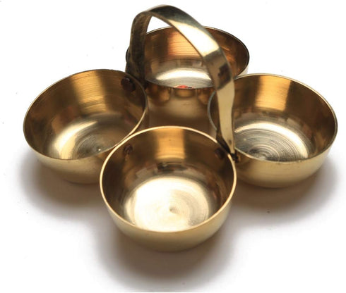 Brass Chowmukh Haldi Kumkum Holder Stand, 4 Bowl Holder for Puja Prayer Accessories, Indian Traditional