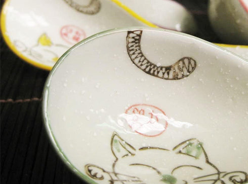 5pcs Ceramic Soup Spoons, Lucky Cat Hand Painted Dessert Spoons