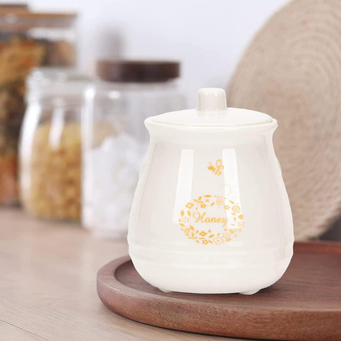 Kosmeey Ceramic Honey Jar with Wooden Honey Dipper-Honey Pot with Dipper- Honey Jar with Stand, Great Bee Decor