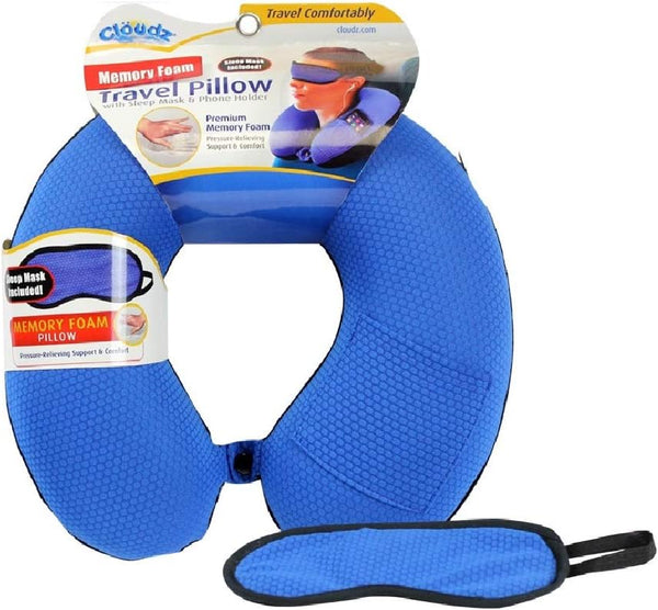 Cloudz Memory Foam Neck Pillow with Sleep Mask, Sporty Blue/Black Plush