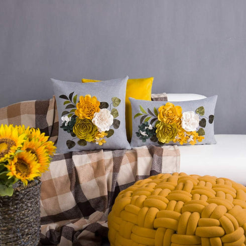 JWH Decorative 3D Flower Throw Pillow Cover, Handmade Floral Accent Pillowcase, 12x20 Inches, Gray Yellow for Sofa