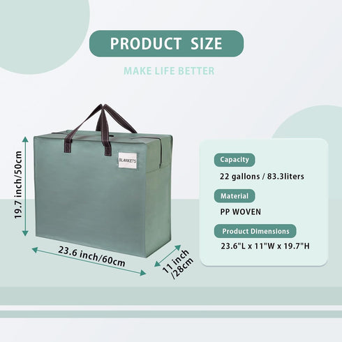 VENO 4 Pack Storage Moving Bags, 22 Gallon Light Green Organizer Tote with Zipper for Clothes, Bedding, Comforters