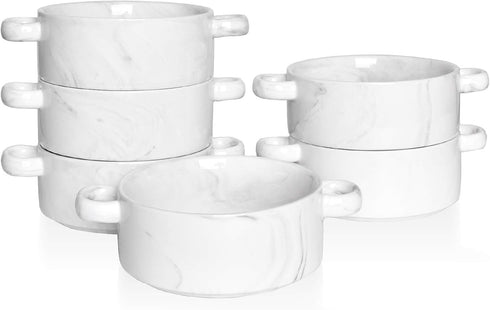 Bosmarlin Ceramic Marbling Souffle Dishes - 10 Oz Double Handle Ramekin for Baking, Set of 6 (Marbling Grey)