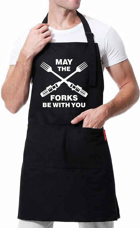 Funny Grill Aprons for Men - May The Forks Be With You, Cooking Apron for Movie Fans, Grilling Gifts for Fathers Day