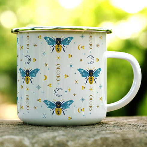 Celestial Bee Pattern Enamel Camping Coffee Mug, Honeycomb Moon Stars Gift Cup for Friend Coworker Women (12oz)