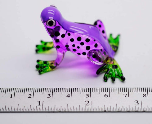 ChangThai Design Tiny 2¼" Purple Green Black Dotted Frog Figurine - Miniature Hand Blown Painted Glass Collectible