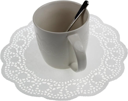 LJY 120 Pieces White Lace Round Paper Doilies for Cake Packaging, Wedding Tableware Decoration (9.5 Inch)