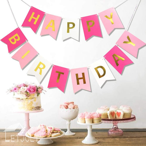 Roseo Pink Happy Birthday Banner Signs, Golden Sparkle Funny Party Supplies for Girls, 13 Pieces