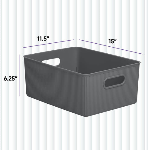 Superio Ribbed Collection Decorative Plastic Open Home Storage Bins, Large Grey (2 Pack), 15 Liter/16 Quart