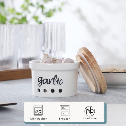 Ceramic Garlic Keeper with Wooden Lid, Farmhouse Kitchen Decor, Countertop Garlic Saver Container