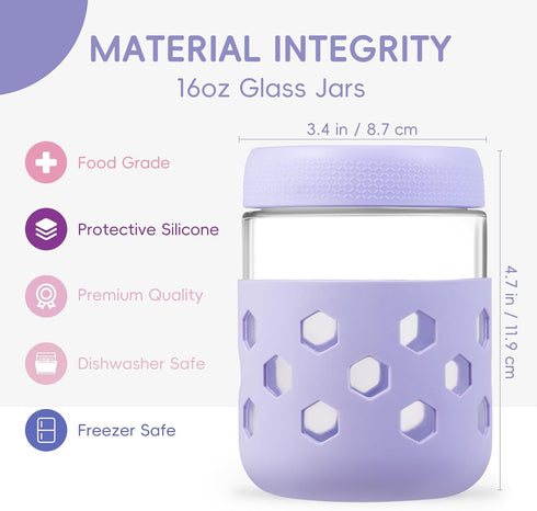 6-Pack 16 oz Gemice Overnight Oats Containers with Lids and Silicone Sleeves, Glass Mason Jars with Airtight Lid