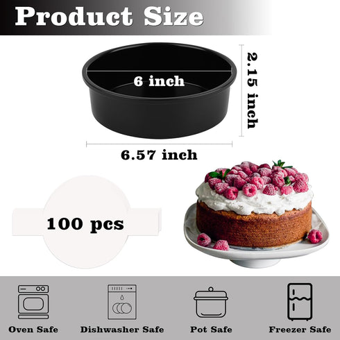 6 Inch Cake Pan - Set of 3 Round Cake Pans with 100 Pieces Parchment Paper, Non-stick Cake Baking Pans, Dishwasher Safe by HUAKENER
