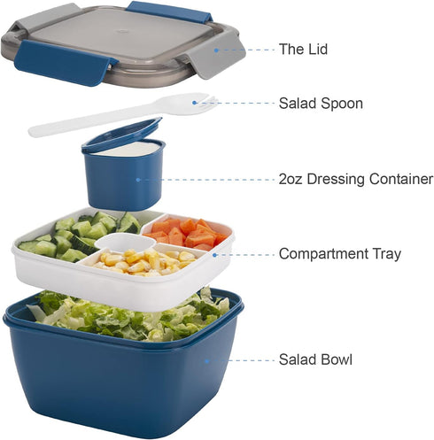 Freshmage 52-oz Salad Lunch Container To Go, 3 Compartments, Salad Dressings Container for Toppings, Snacks, Blue