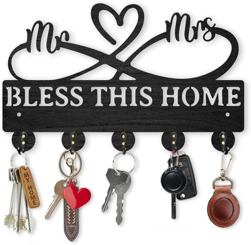 Mr Mrs Coat Rack Wall Mount, 11.8×7.3inch Wood Family Key Holder with 5 Alloy Hooks for Home Decor