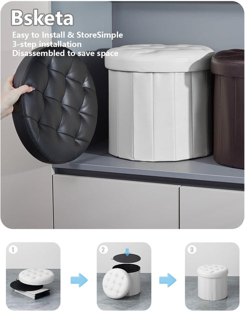 14" 14" 13"Inch, Bsketa Folding Storage Ottoman Round x x Foot Stool with Thicker Foam Padded Seat Small Leather