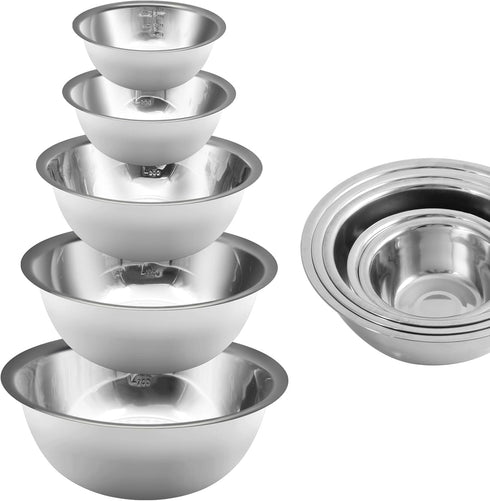 Mixing Bowl Set of 5, Stainless Steel Nesting Whisking Bowls for Cooking, Baking, and Food Prep