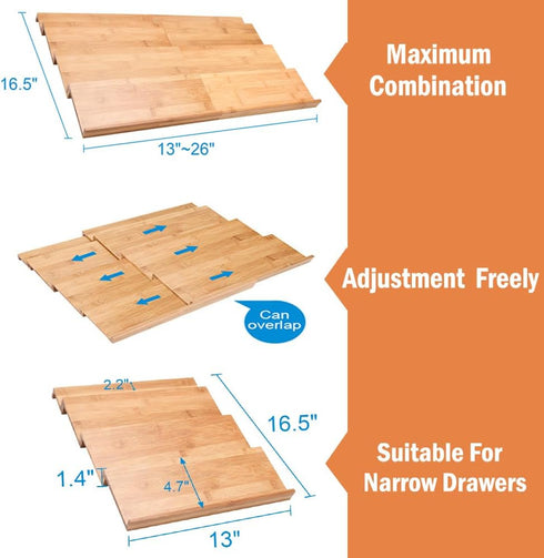 DEWVIE 4 13" 26", Bamboo Spice Drawer Organizer, Tier In Drawer Spices Rack for Cabinet Drawer Expandable From