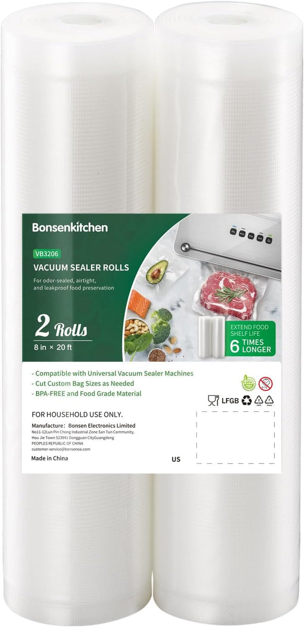 Bonsenkitchen Vacuum Food Sealer Rolls Bags - 2 Packs 8 in x 20 ft for Storage and Sous Vide Cooking