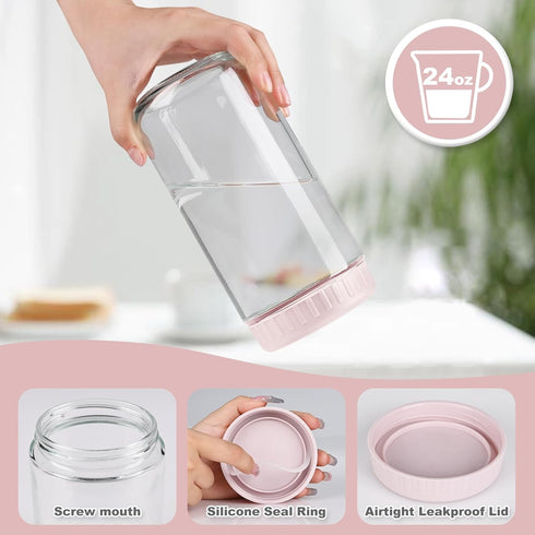 24oz 8 SHOWIN Overnight Oats Containers with Lids, Glass Jars with Lids pcs, Pink, Wide Mouth Mason jars for Salad