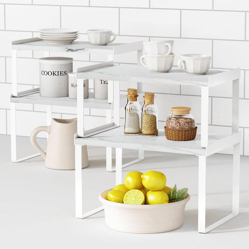 White Marble Kitchen Counter Shelf Organizer, Set of 4 Stackable 2 Tier Risers for Books, Monitor, Cabinet Space