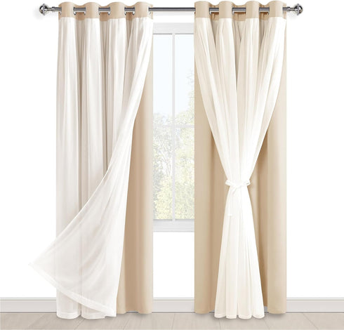 2 52W 84L Hiasan Blackout Curtains with Sheer Overlay, Thermal Insulated Mix & Match Double Layer Room Darkening