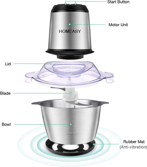 Electric Meat Grinder, 2L Stainless Steel Food Processor, 350W Meat Blender, 4 Sharp Blades, 8 Cups for Vegetables