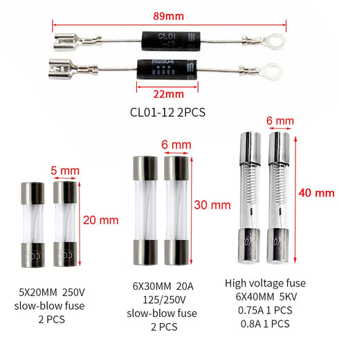 Home Microwave Oven Repair Parts Kits, HV Capacitor, Diode, Slow Blow Fuses for Replacement