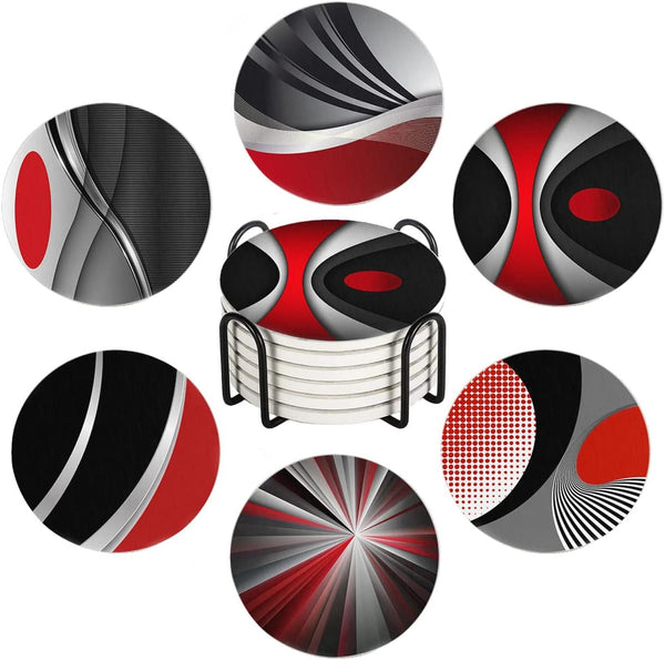 HUXJOKO Coasters for Drinks Set of 6,Modern Red Black Geometric Absorbent Ceramic Coaster,Round