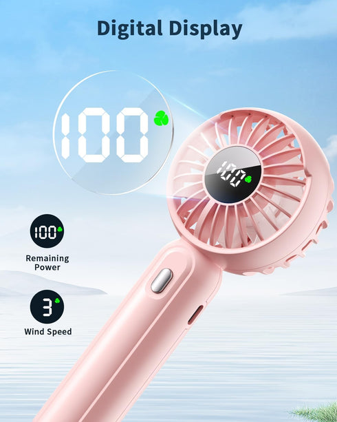 Handheld Fan with Wireless Charging Base, 3 Speeds Portable Fan with Digital Display, 2000mAh Battery Operated (Pink)