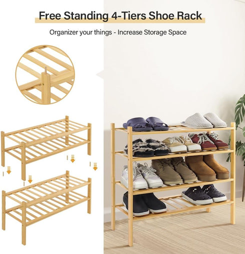 WKWKER 4-Tiers Bamboo Shoe Rack Stackable Free Standing Shoe Racks Portable Shoe Storage Organizer Stackable Shelf