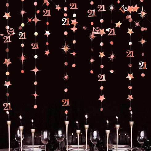Rose Gold Number 21 Circle Dot Twinkle Star Garland Kit for Girls 21st Birthday Decoration, Metallic Hanging Streamer