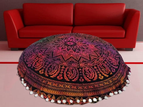 22 Inch Throw Floor Pillow Covers Tie Dye Round Pouf Seating Home Decor Flower Printed Indian Mandala Ottoman Cotton