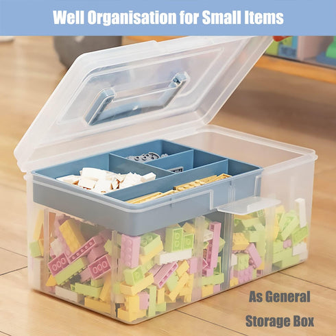 Clear Plastic Arts & Craft Supplies Organizer Box, Large with Removable Tray & Handle, Office Storage (Clear & Ocean