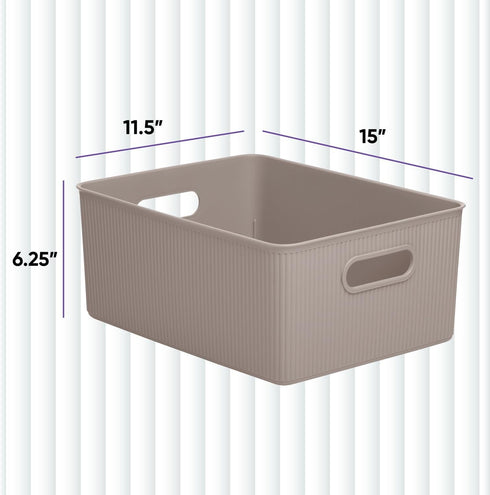 Superio Ribbed Collection - Decorative Plastic Open Storage Bins, Large Taupe (2 Pack), 15 Liter/16 Quart
