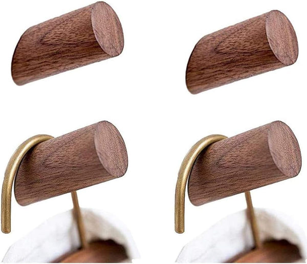 Wood Wall Hooks - 4 Pack Rustic Wooden Heavy Duty Robe Hook Hat Rack for Hanging Bathroom Towels Clothes Hanger (Walnut