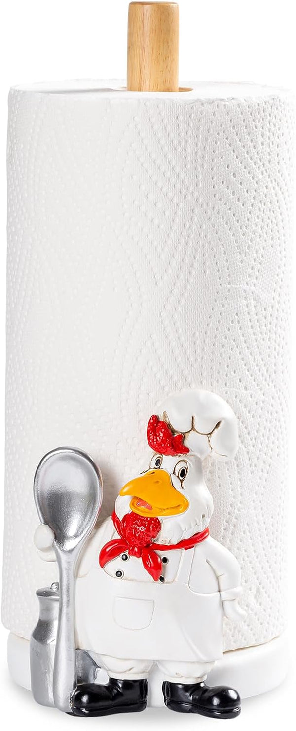 Polytree Farmhouse Rooster Chef Countertop Paper Towel Holder Stand with Decoration,Hand-Carved Wood Style