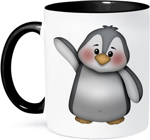 3dRose "Cute Waving Gray and White Penguin Illustration" Mug, Black/White/Gray, 11 oz