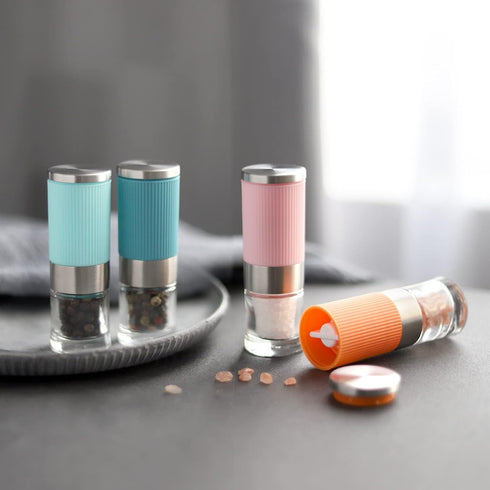 VEVOK CHEF 4Pcs Mini Glass Salt and Pepper Grinder Set, Portable Ceramic Shakers for Travel Kitchen Gift
