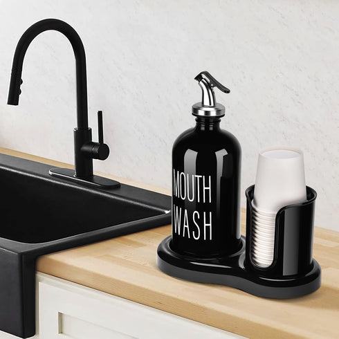 Set Bathroom,16 OZ 14 Glass Mouthwash Dispenser with Cup Holder,BYAWAY Mouthwash for Refillable Mouthwash Bottle