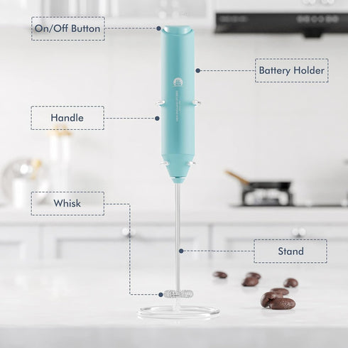 Powerful Handheld Milk Frother, Mini Mixer for Coffee, Cappuccino, Latte, Matcha, Hot Chocolate, With Stand, Aqua