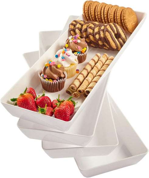 US Acrylic Avant White Plastic Serving Trays - Set of 4, 15” x 5” Narrow Reusable Platters for Appetizers & Desserts