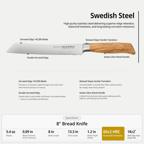 WICKWILLOW 8 Inch 14C28N Bread Knife Steel with Italian Olive Wood Handle Double Serrated Knife for Sourdough