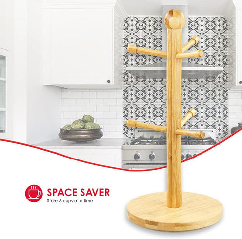 Home Basics Bamboo Mug Tree, Holds Up to 6 Coffee Cups, Free Standing Circular Base for Kitchen Countertop, Beige