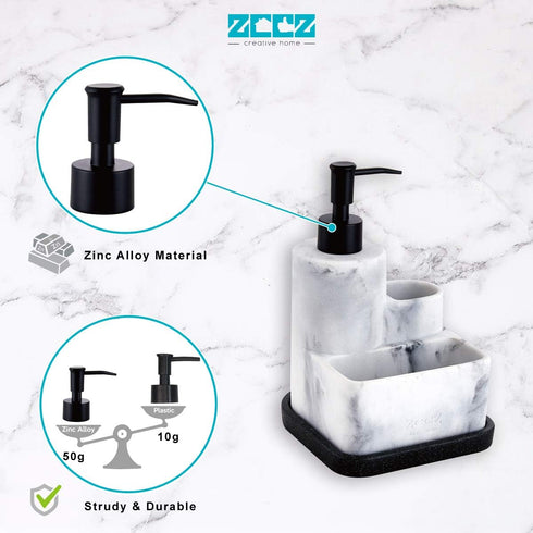 ZCCZ White Soap Dispenser with Sponge Holder, 3 in 1 Set Organizer for Sink Countertop, Removable Tray, Marble Look